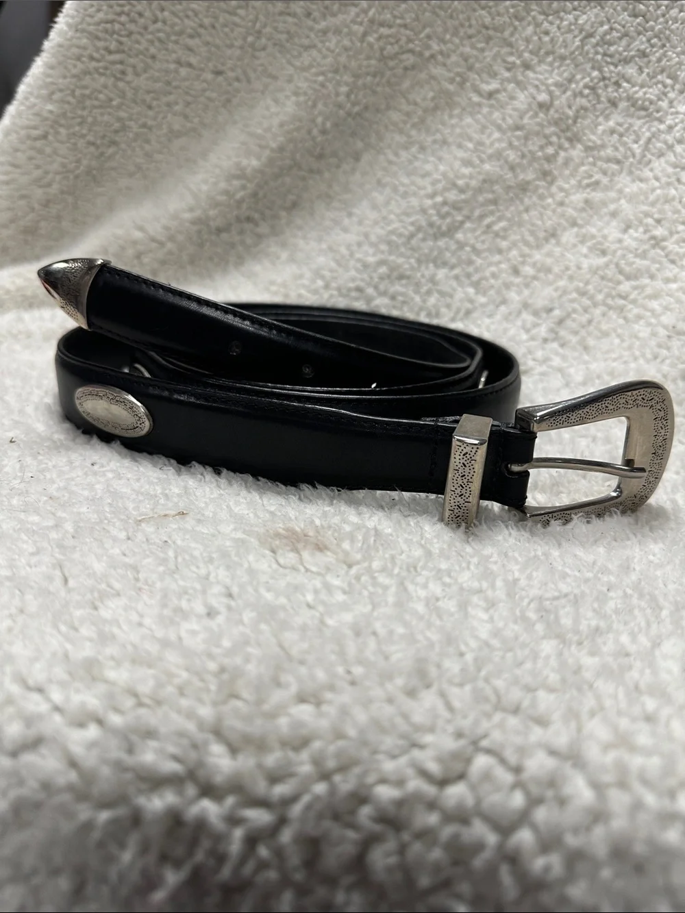 Kingston(?) Leather Western Belt, Silver Tone Ornate Conches, Buckle & Tip 58